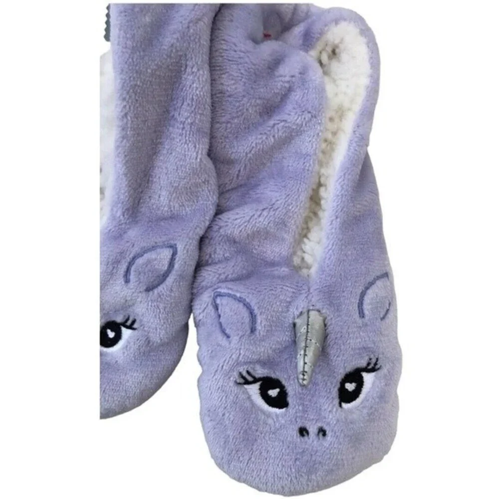 NEW Cat & Jack Kids Slippers Purple Unicorn Plush Gripper Bottoms Size M/L